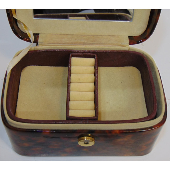 Vintage Travel Jewelry Box Chest Brown Faux Leather Handle Snap Closure Mirror - Picture 4 of 12